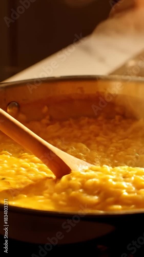 Stirring Creamy Risotto With Wooden Spoon in Frying Pan