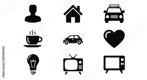 Collection of simple black icons representing everyday life elements like people, home, and transportation.