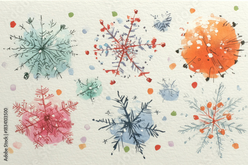 collection of detailed snowflakes, children's drawing with pencil, symmetrical patterns, delicate and simple, on white paper