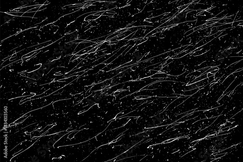 Snow flakes falling isolated. White snowflakes on black background. Snow pattern texture. Snowstorm backdrop. Snowfall overlay background. Winter ice effect. Vector illustration, EPS 10.