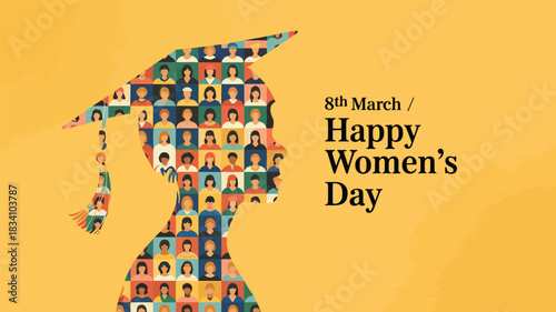 Diverse group of women forming a graduation cap and silhouette celebrating international womens day