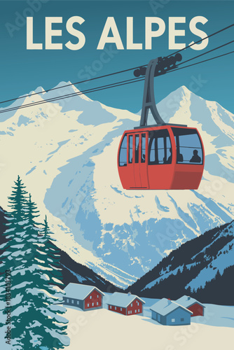 Ski resort with red cable car, mountain chalet, and snowy Alps landscape illustrated in vintage travel poster style, perfect for holiday travel and flat vector design