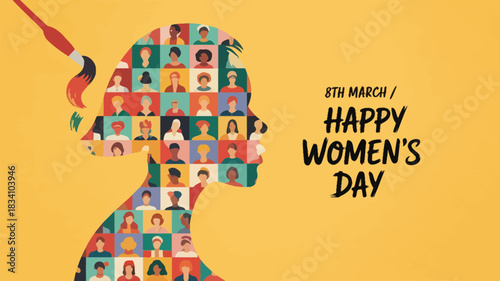 Diverse women s faces forming a silhouette of a woman s head painted with a brush celebrating international women s day