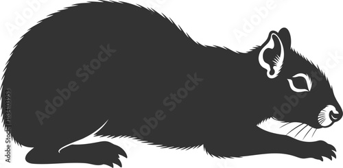 Black silhouette graphic of a small rodent low stance