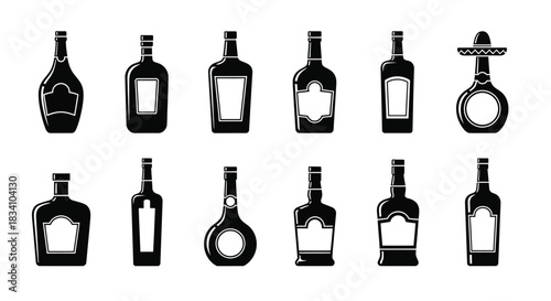 Collection of diverse bottle silhouettes, including a sombrero-topped bottle, perfect for beverage branding and design.