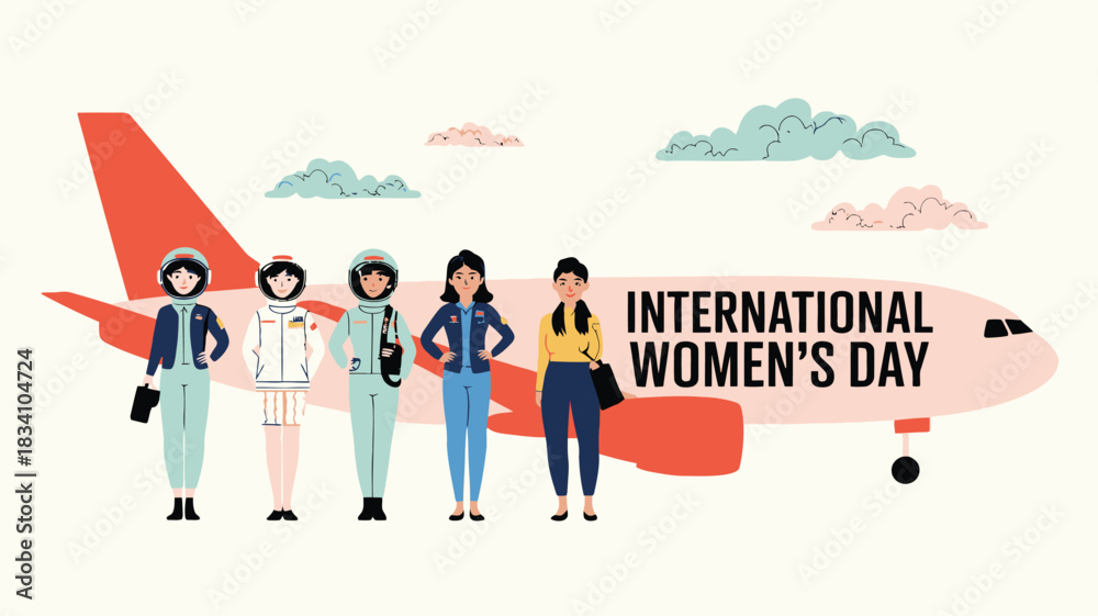 Fototapeta premium Diverse women in professional roles stand in front of an airplane celebrating international women s day