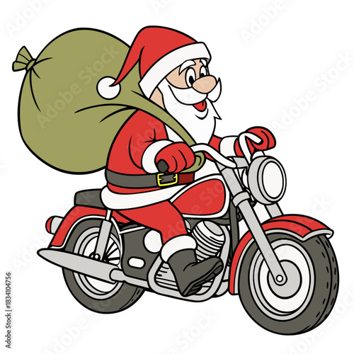 Santa Claus riding a motorcycle with a sack of gifts, festive holiday illustration