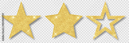 Gold glitter star isolated on a transparent background. Golden star icon with lights. Vector design element for advertising, greeting card, jewelry, prestigious restaurant menu.