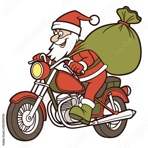 Santa Claus riding a motorcycle with a sack of gifts, festive holiday illustration