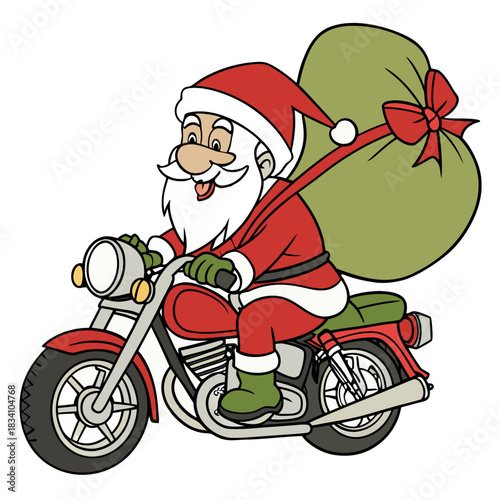 Santa Claus riding a motorcycle with a sack of gifts, festive holiday illustration
