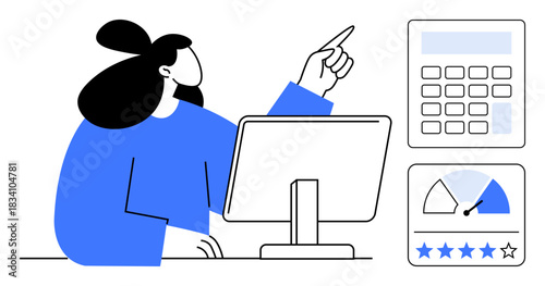 Data analysis concept. Woman viewing computer screen with calculator and performance dashboard data analysis. Data-driven decisions for business, finance, and strategy. Perfect for analytics