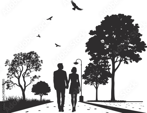 Silhouette of a couple enjoying a walk in a park filled with trees and birds, perfect for outdoor, romantic, and serene vector design