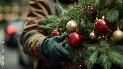 Individual carefully decorating a Christmas tree with ornaments, camera zooms in on details