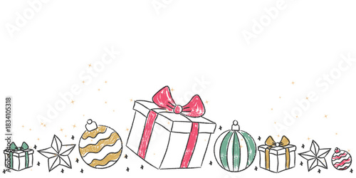 Hand-drawn, Festive doodle gift box with a red bow, flanked by smaller gifts, striped ornaments, and stars, all with a subtle, sparkling effect on a white background.Christmas, crayon doodle.