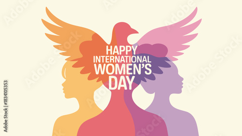 Happy international women s day with colorful dove and diverse female silhouettes celebrating empowerment