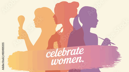 Diverse women silhouettes in profile celebrating achievements and creativity with a colorful banner
