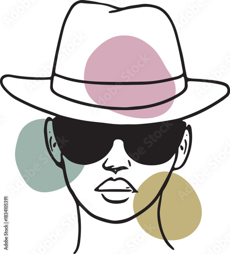Minimalist line art illustration of a person wearing a hat and sunglasses