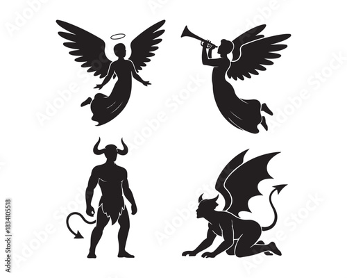 angel symmetrical wings, guardian angel kneeling prayer, angle with dove, horned demon large bat wings, tails, wingless demon, roaring demon Silhouette vector design illustration collection set