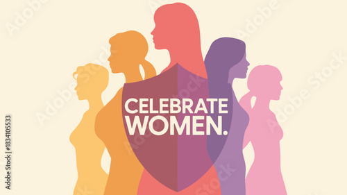 Diverse group of women silhouettes in warm colors celebrating empowerment and unity with text overlay