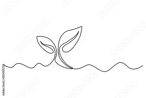 Hand drawn one line art of sprouting plant with leaves simple outline eco growth design
