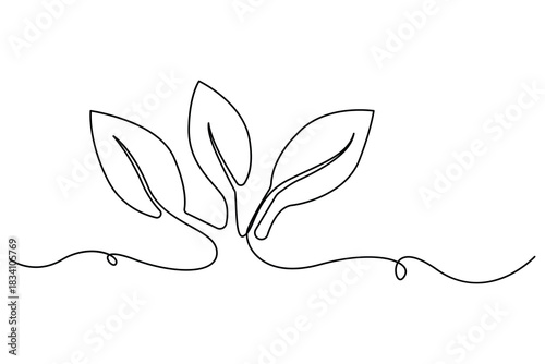 Hand drawn one line art of sprouting plant with leaves simple outline eco growth design
