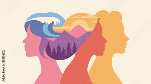 Abstract silhouettes of women s profiles filled with natural landscapes of waves mountains and forests
