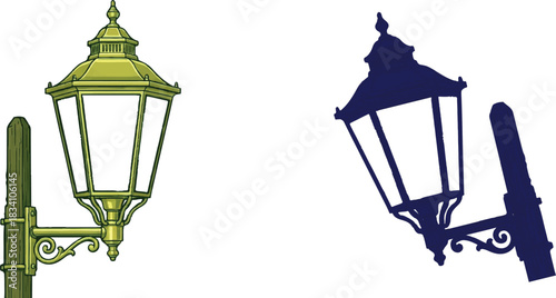 two vintage-style street lamps set against a clean white background, which enhances their visual clarity and appeal. On the left, the street lamp is painted in a light yellow-green color,Victor