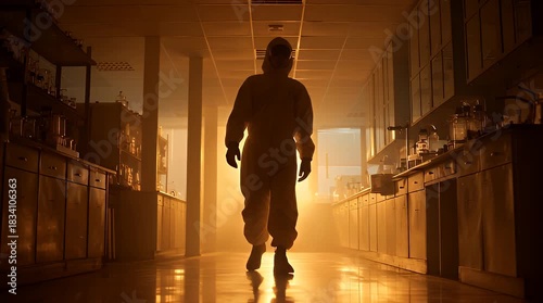 Scientist in hazmat suit walks through golden light filled lab, showcasing safety, research, and a touch of mystery in the science world