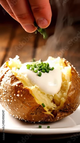Chef Garnishing Hot Baked Potato With Sour Cream and Parsley