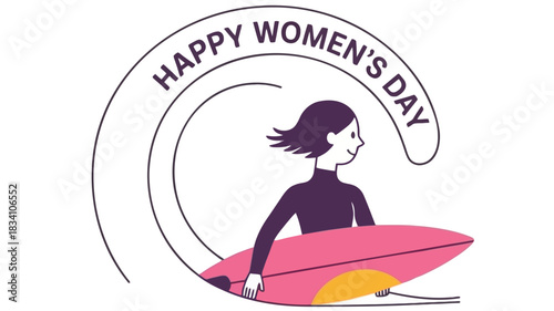 Happy womens day greeting with a woman surfer riding a wave illustration