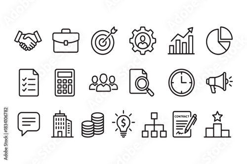 A set of hand-drawn line art icons representing various business concepts like finance, strategy, teamwork, and communication.