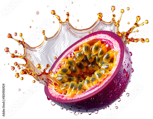 Angled Passion Fruit Half with Dynamic Tropical Splash, 3D Render, Isolated PNG (2)