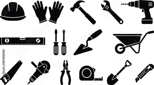 Vector Silhouettes of Essential Construction and Repair Tools, including a Hammer, Drill, Saw, Tape Measure, Level, Wheelbarrow, and Safety Hard Hat Icons.Vector Silhouettes