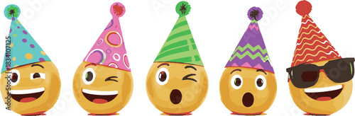 Celebration with emoji faces wearing festive party hats of various colors