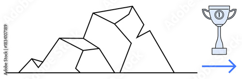 Success concept. Overcoming challenges ed by rugged mountains leads to reaching goals by a trophy. Success in personal growth, business goals, motivation, perseverance, leadership