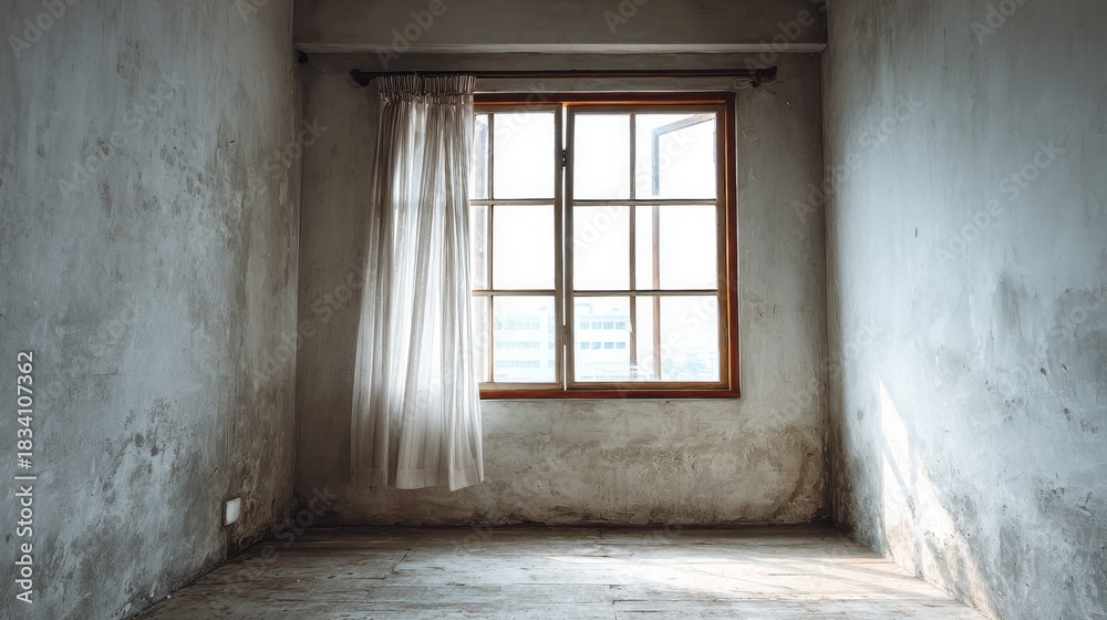 Obraz premium Dilapidated room interior features an open window with sheer curtain