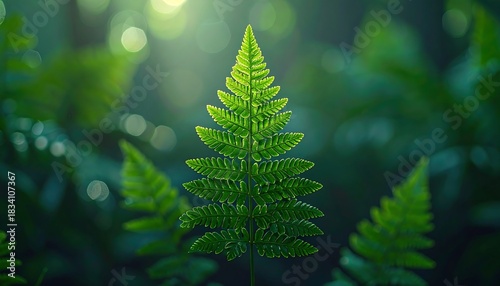 Fern frond glows bright green against a lush, blurred background with dappled sunlight