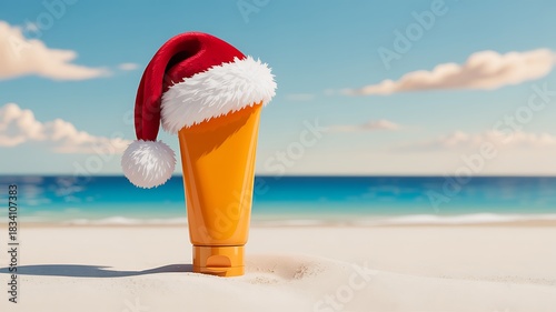 Festive Christmas holiday skincare protection on tropical beach background scene