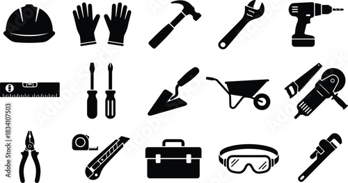 Large Construction Worker Icon with Cement Truck, Drill, and Small Figures working on Scaffolding and Ladders for Building and Renovation Graphics.Large Construction Worker Icon with Cement Truck