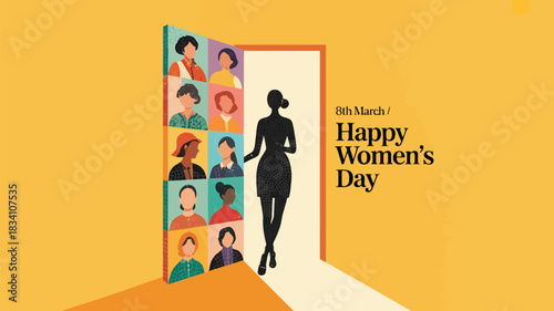 Diverse women celebrated on international womens day stepping through a doorway into a bright future