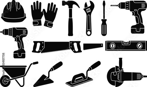 Massive Icon Set of Construction Workers, Tools, Vehicles, Safety Gear, and Building Materials, including Bricks, Cement, Excavator