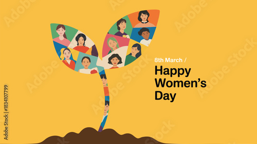 Diverse women s faces forming a growing plant symbolizing strength and unity on international women s day
