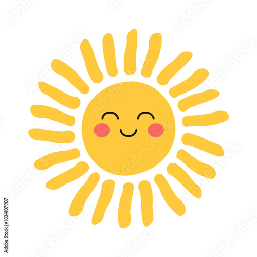 Sun with happy face. Bright smiling yellow sun with pink cheeks. Cheerful design for kids, summer or beach party, weather, baby shower, nursery. Flat vector illustration isolated