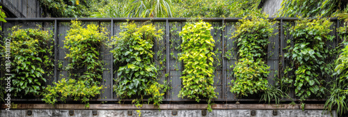 Climbing plants thrive on a metal frame, forming a lush living fence that enhances the modern townhouse backyard. Sunlight filters through, creating a serene atmosphere, banner