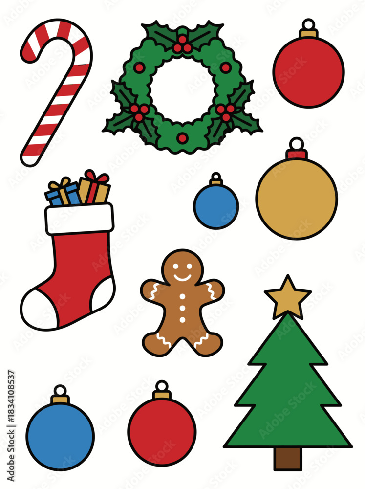 Naklejka premium An illustration of various Christmas elements such as wreath candy cane stocking gingerbread man and ornaments