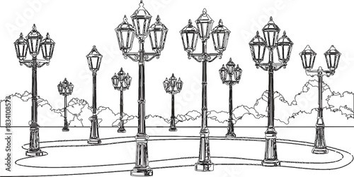 The image depicts a stylized black and white scene featuring a street adorned with ornate lampposts, set against a backdrop of mountains.Victor Illustrator Design