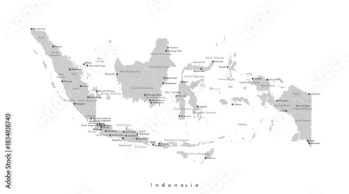 Vector isolated illustration of simplified administrative map of Indonesia. Borders and names of the provinces, tag of big cities. Grey shapes of islands