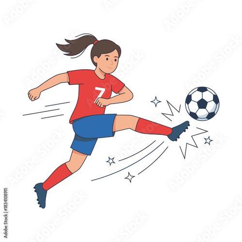 A female soccer player in action, kicking the ball with energetic and dynamic movement on the field.