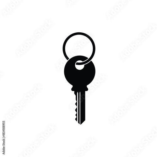A simple black silhouette of a key on a keyring