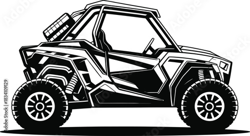 Off-Road UTV Illustration – Rugged Side-by-Side All-Terrain Vehicle Graphic in Black and White
